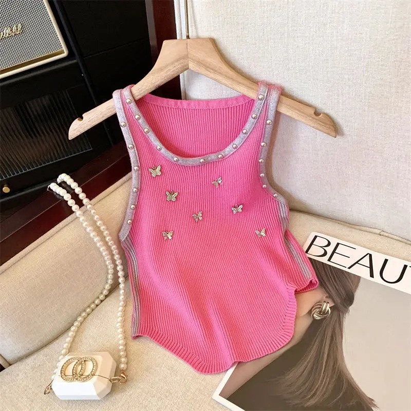 Summer embroidered flame butterfly knitted tank womens ultra-thin O-neck Y2K sleeveless top 250410