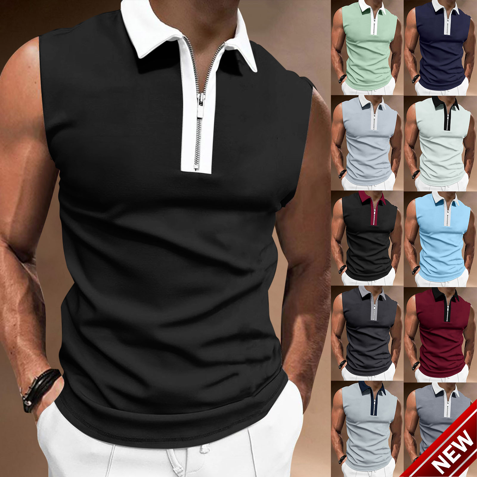 Mens T-shirt 2025 New Color Matching Thin Sleeveless POLO Top Casual Men