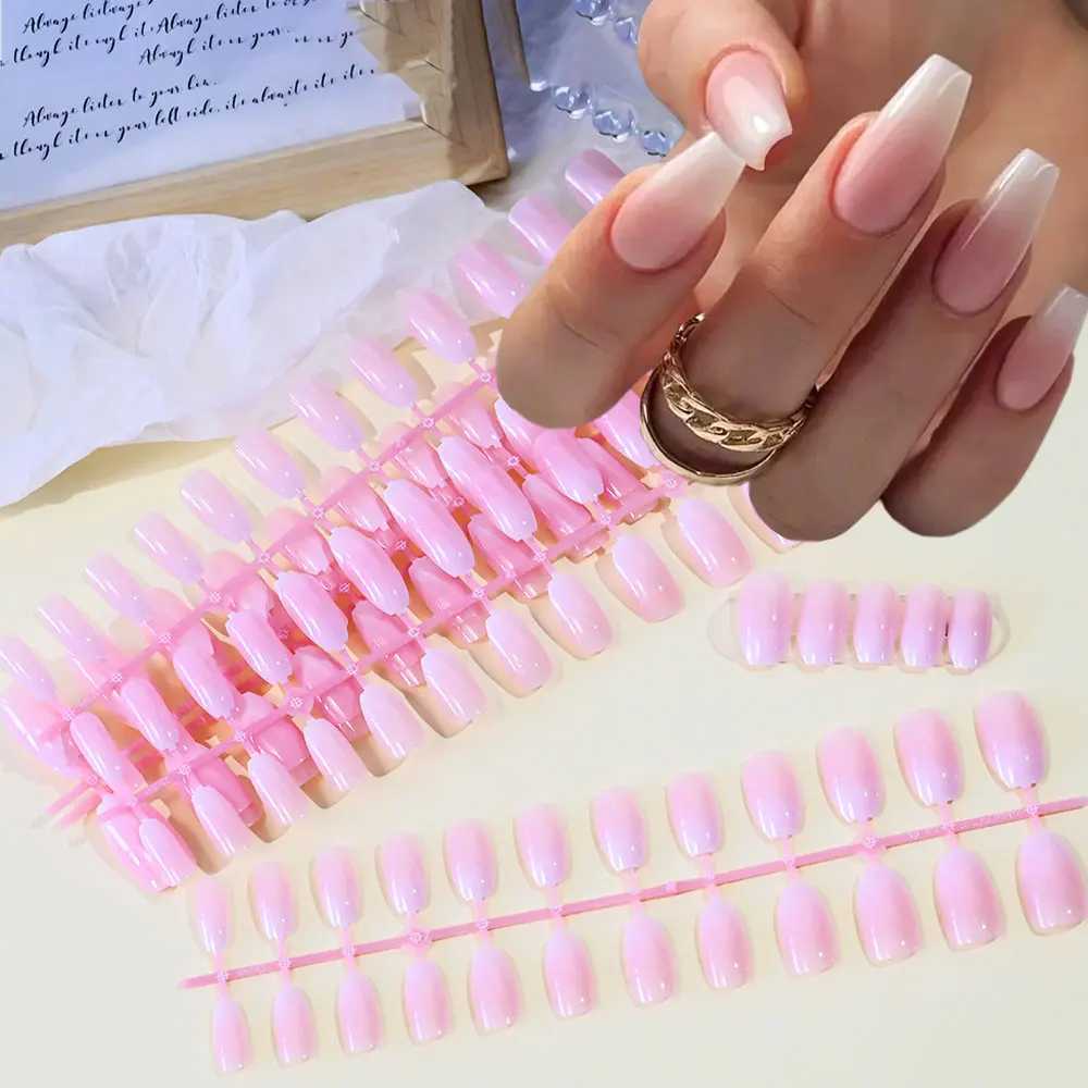 20 pieces of pink Ombre coffin press machine nails smooth handmade acrylic fake nails with gradient design at the tip artificial fake nails W250410