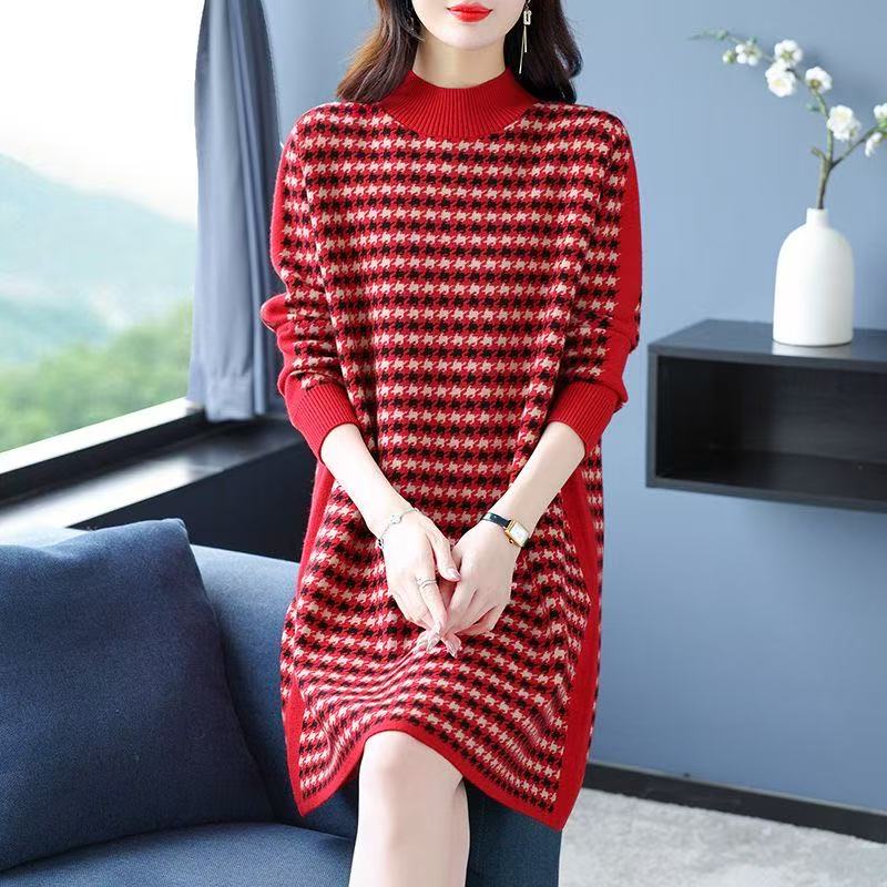 plus size women's new long sleeve high waist printed banquet dress mid-length skirt D02818