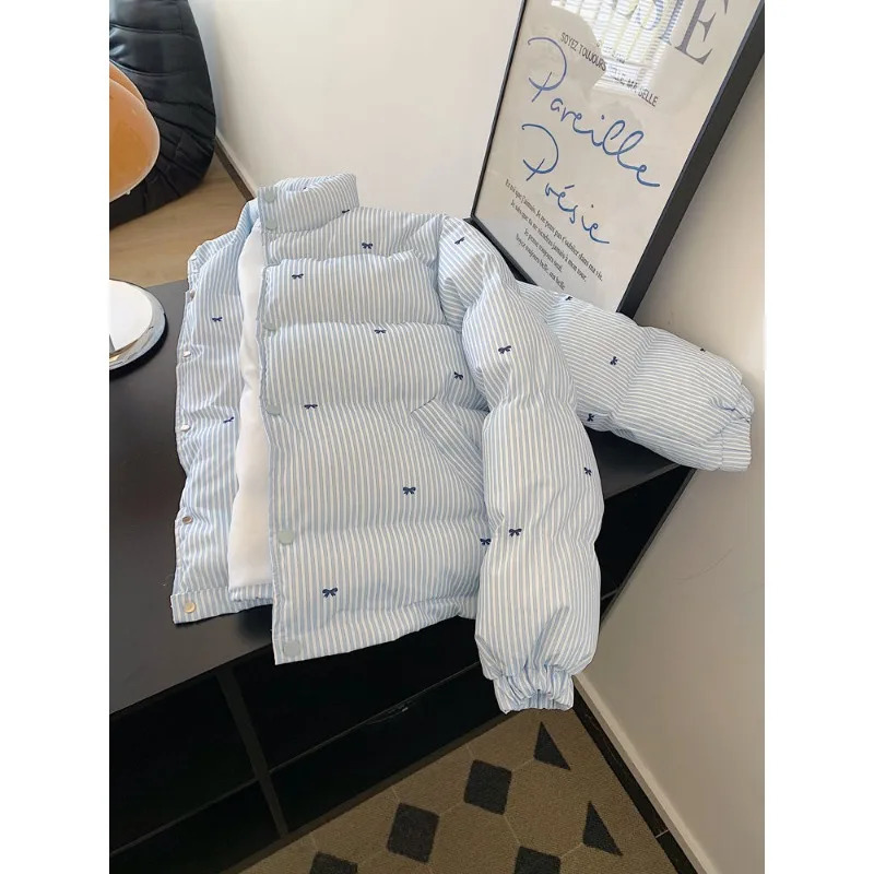 Womens Winter Tops Jacket Cotton Coat Striped Bow Thickened Warm Vintage Simple Comfortable Leisure Fashion Niche Versatile 251107