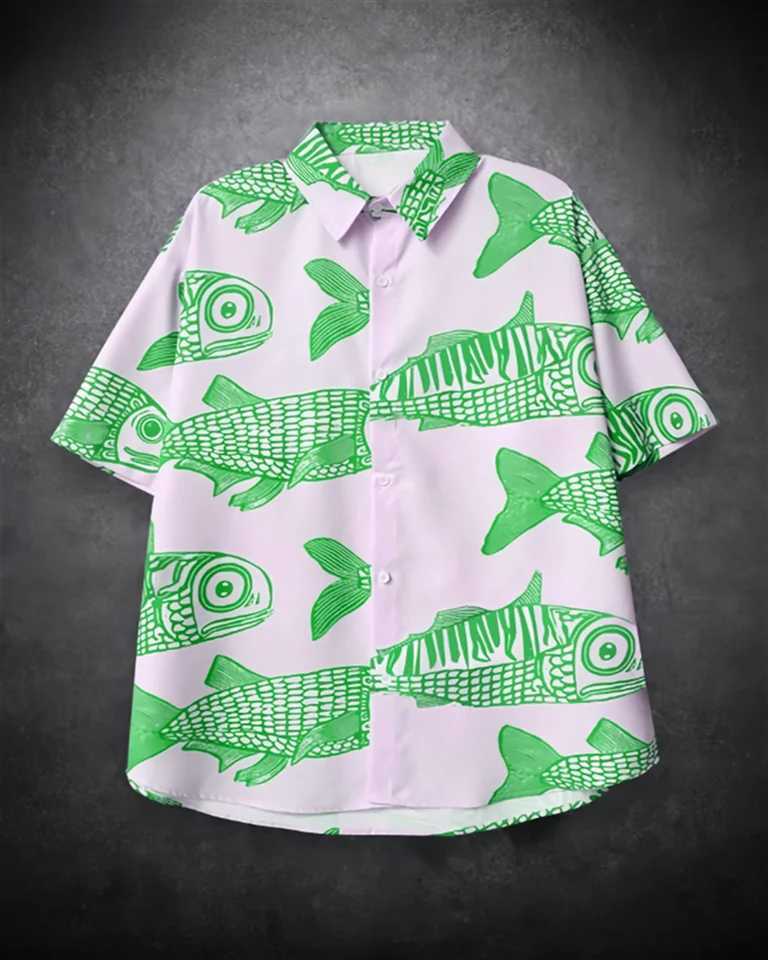 2025 New Street Explosion Fashion Fish 3D Printing New Personalized Mens Summer Casual Shirt Linen X250410