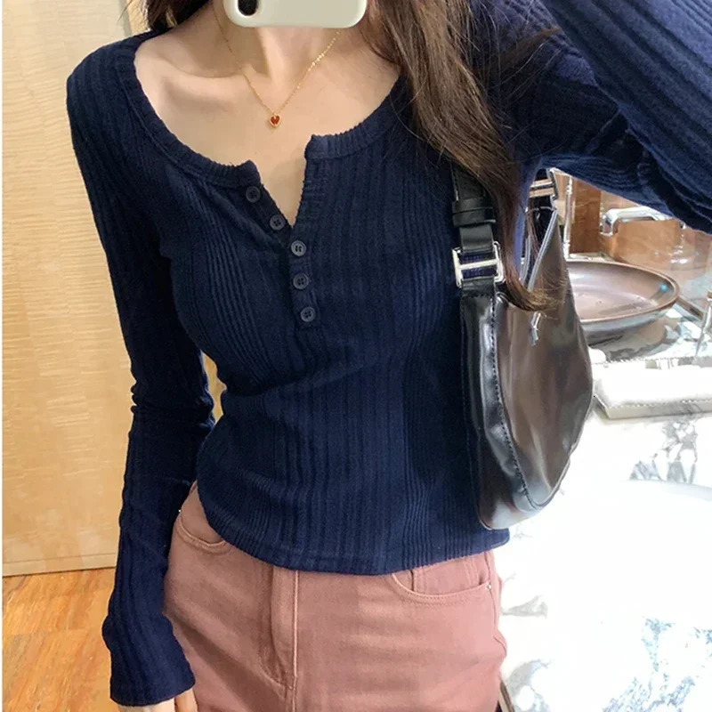 Womens Korean fashion top autumn slim fit womens casual Oneck solid Tshirt sleeveless 250407