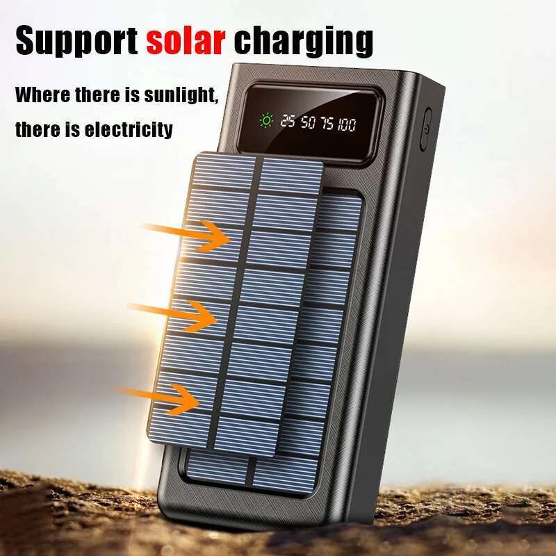 2000000mAh Solar Portable 4 Built-in Cables External Battery LED Light Power Bank For Xiaomi Samsung