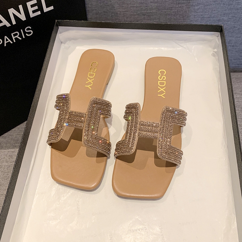 Designer's new fashion rhinestone flat slippers women's summer one-line square head slip-on home slippers black beige khaki