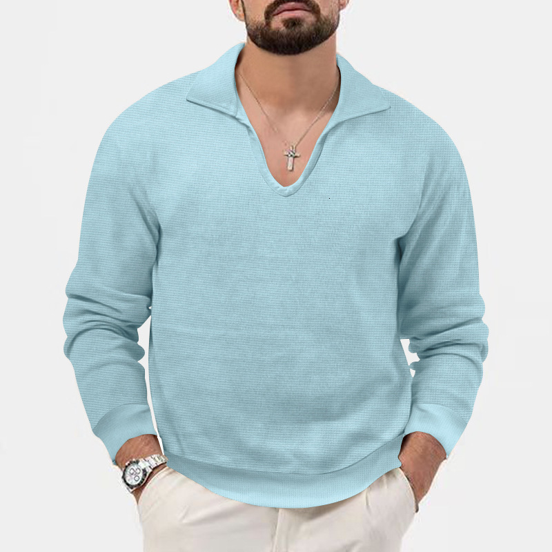 2024 autumn/winter new waffle polo shirt mens lapel loose solid color top long sleeved