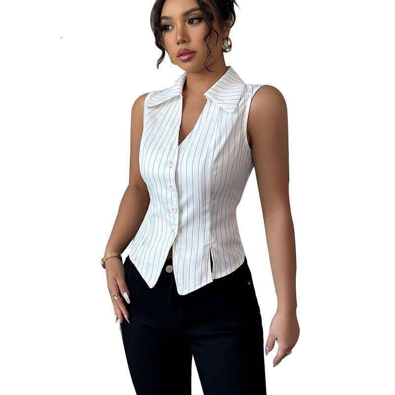 Rui Chuo Cross-Border Foreign Trade European and American Sleeveless Striped 2025 Summer Elegant Slim Fit Shirt Cardigan Top Women's Clothing