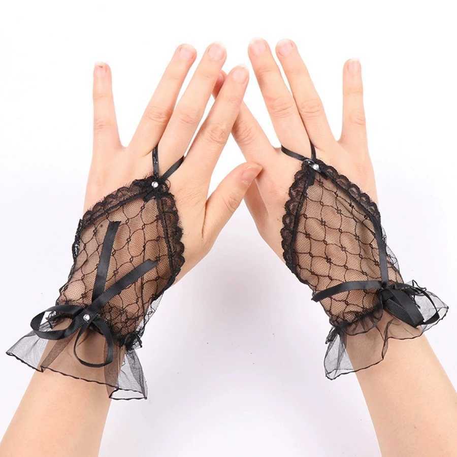 Gothic Short Black Gloves Female Harajuku Lace Bridal Wedding Halloween Lolita Dress Net Gauze Bow Hand Sleeve Fishnet Gloves L2511101
