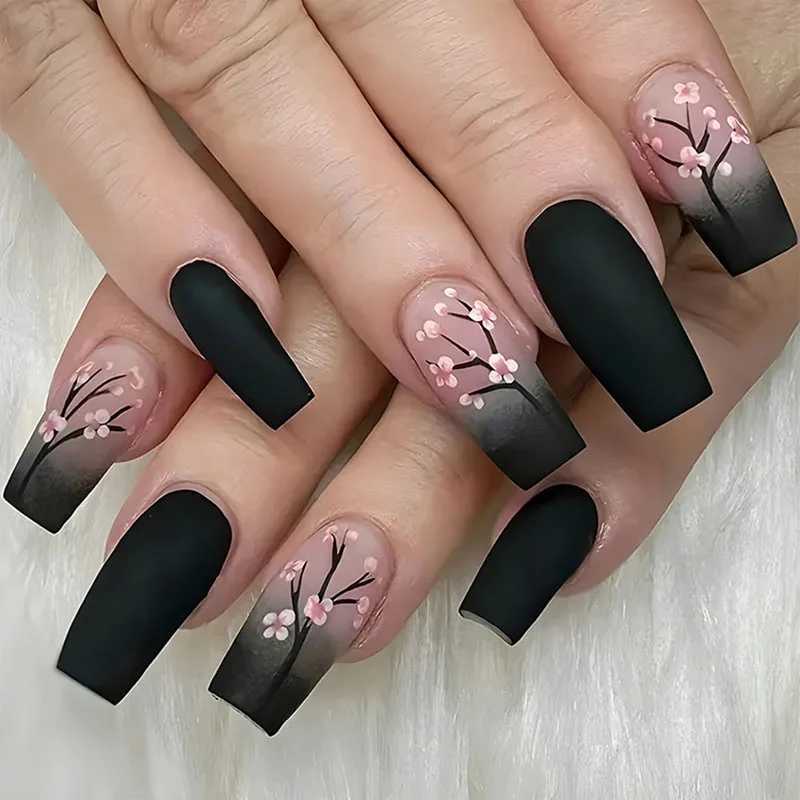 Womens Square Fake Nail DIY Pink Plum Blossom Design French Press Wearable Nail Set Fake Nail Party CF33 W250410