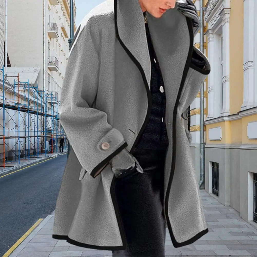 Womens hooded wool coat autumn and winter jacket loose color matching collar contrasting medium long cardigan sweater thick warm womens 250407