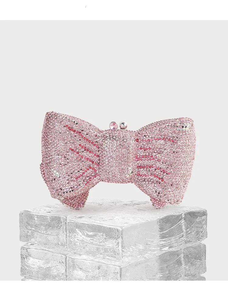 Pink Red Gold Silver Blue Bow Shape Women Crystal Handbag And Purse Party Bridal Metal Evening Wallet Ladies Diamond Clutch Bag 250409