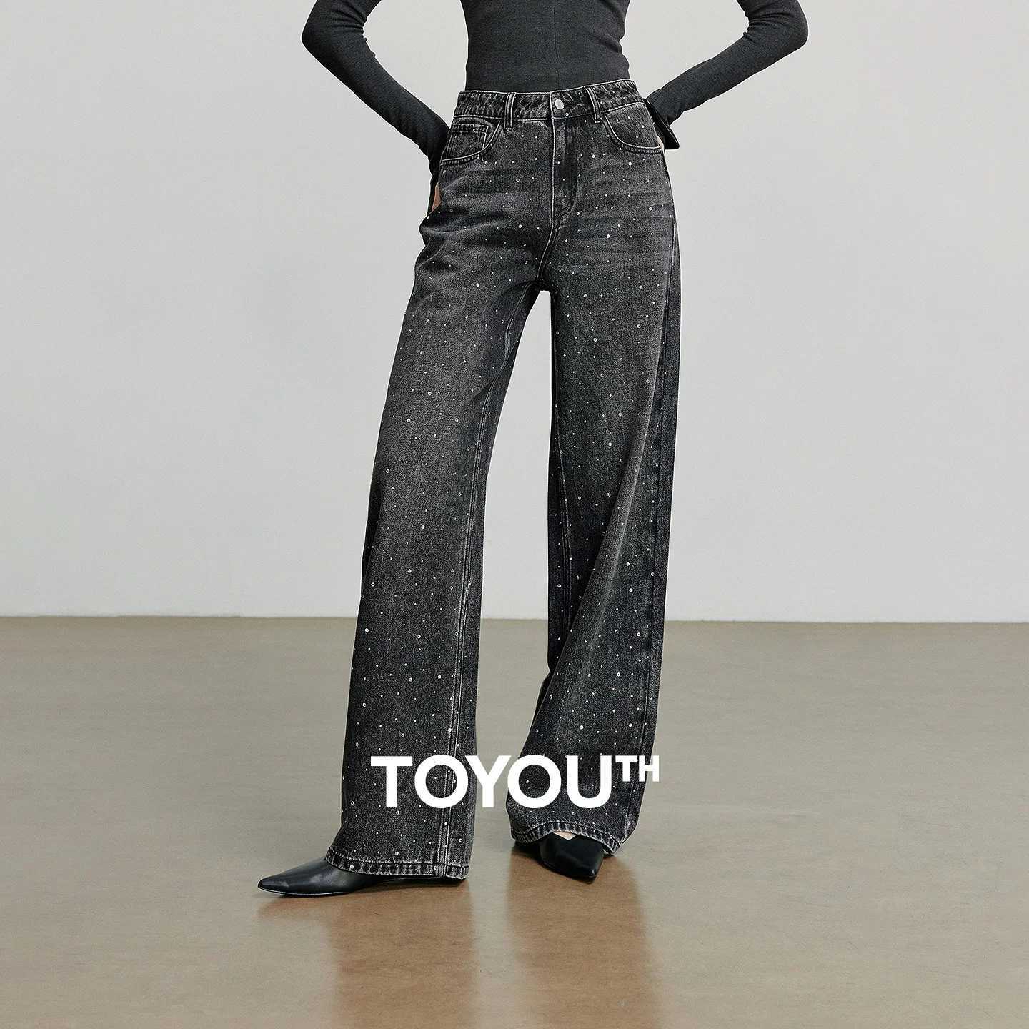 TOYOUTH Women Cowboy Wide Leg Pants 2025 Autumn New Punk Style Diamond Decor Straight Banana Pants C251110