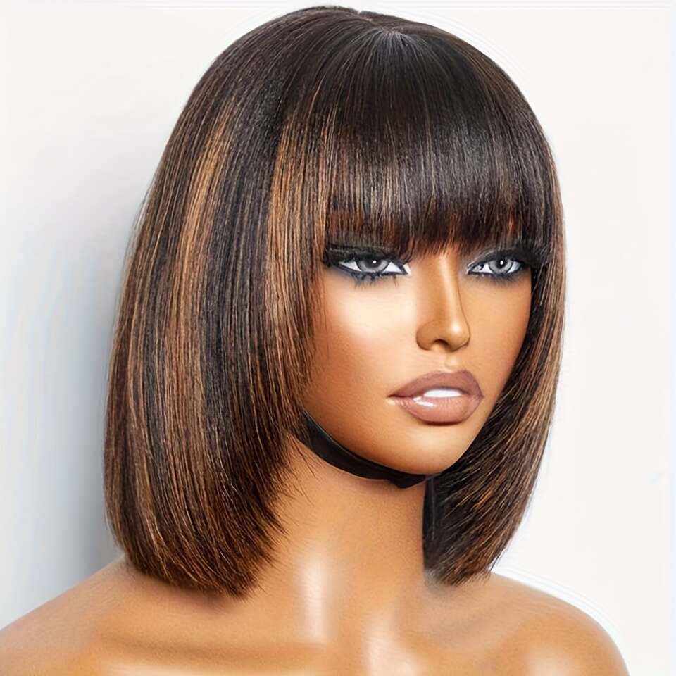 Highlight Color Wear And Go Short Straight Human Hair Wigs With Bangs Brazilian Remy For Women Natural Color Easy Part Lace Bob Wig