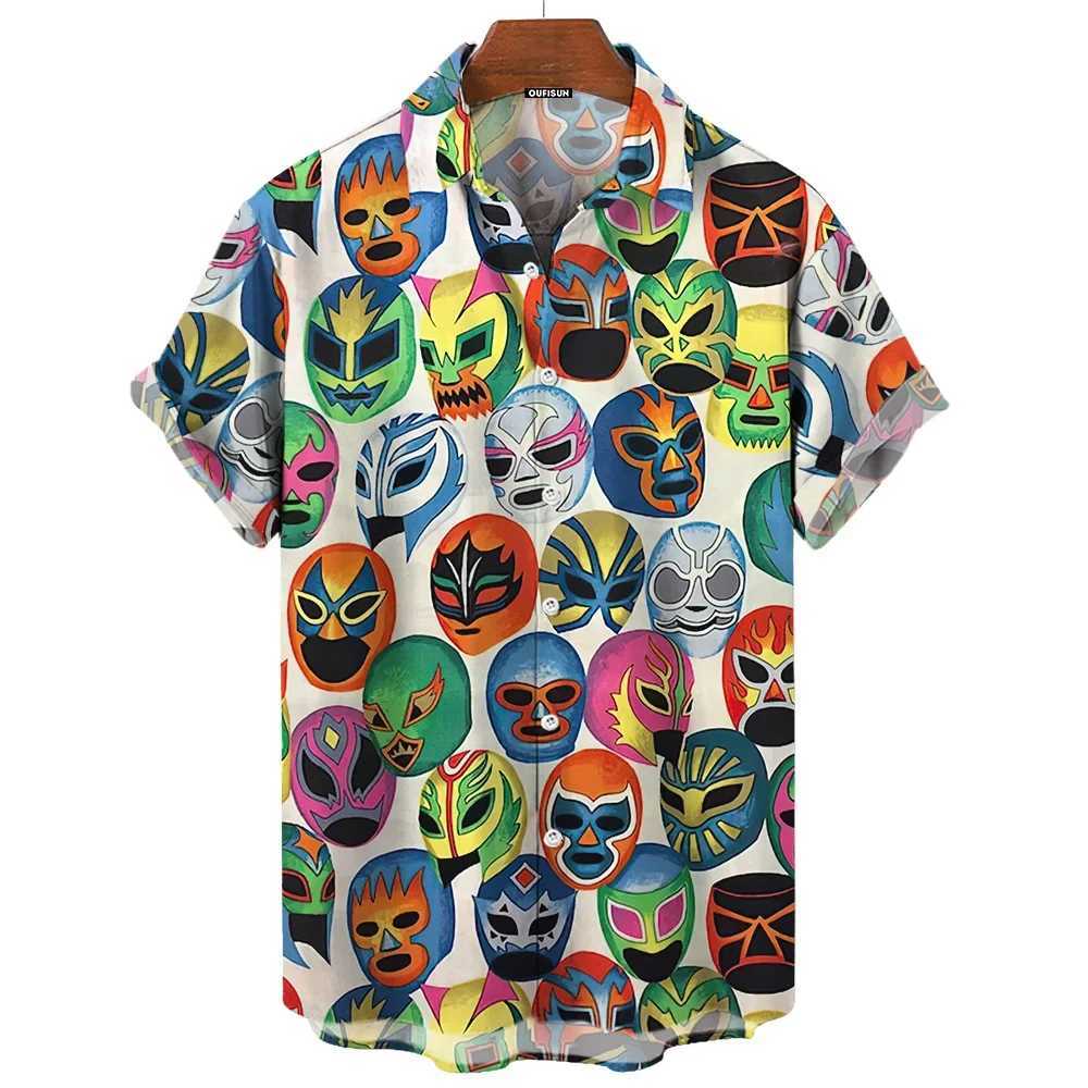 3D mask printed mens summer shirt Lucha Libre short sleeved casual Hawaiian mens loose clothing Mexican wrestling X250410