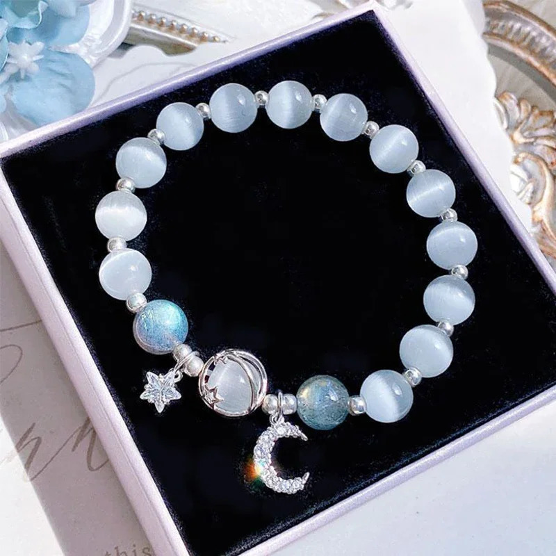 Niche Star Chain Tassel Bracelet for Women Fantasy Blue Crystal Beads Elastic Rope Bracelet Friend Jewelry Gifts 250409