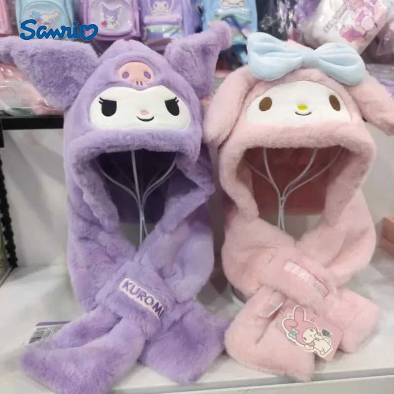 Sanrio Cartoon Cute Anime Kuromi Childrens Hat Scarf all-in-one Winter Ear Protection Velvet Thickened Warm Hooded Scarf Series H251110