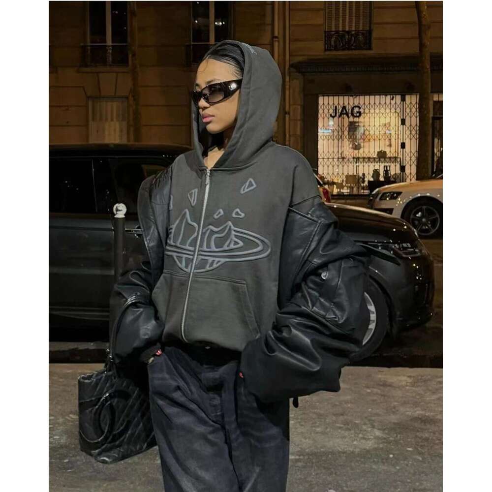 Yao Fashion Broken Brand Foam Print Zipper Casual Streetwear Tops Clothing Oversize Hooded Fleece Vintage Jacket Coat For Men
