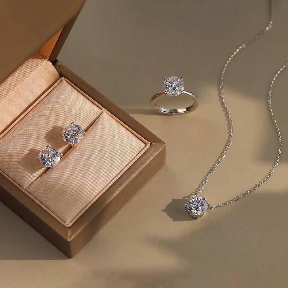 RINNTIN SMO4 Moissanite Wedding Set 925 Silver 4 Prong Setting Round Shape D Color VVS Moissanite Ring Necklace Jewelry Sets