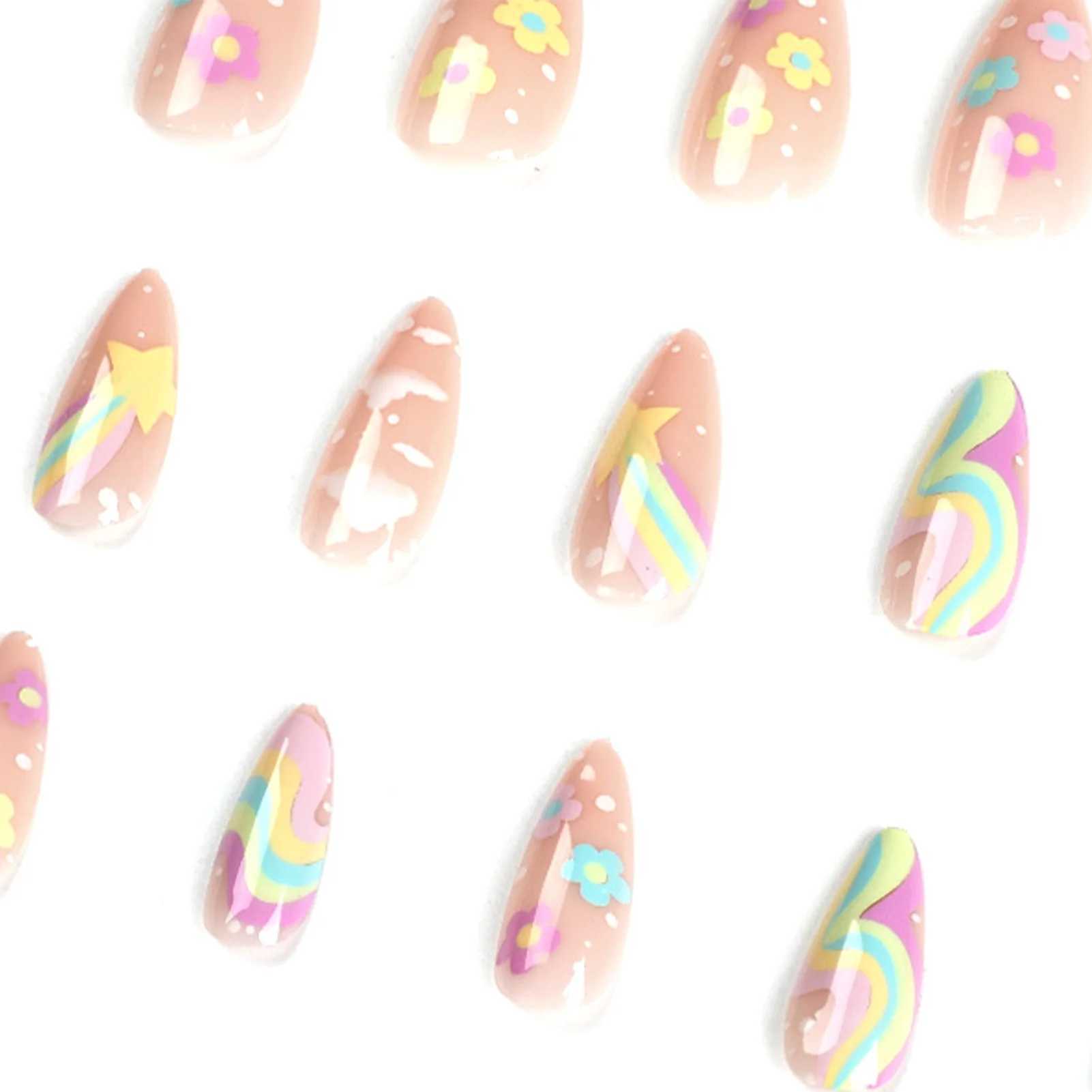 24 cute colored fake nail tips suitable for girls Rainbow Cloud Star printed almond fake nails full set of reusable adhesive fake nails W250410