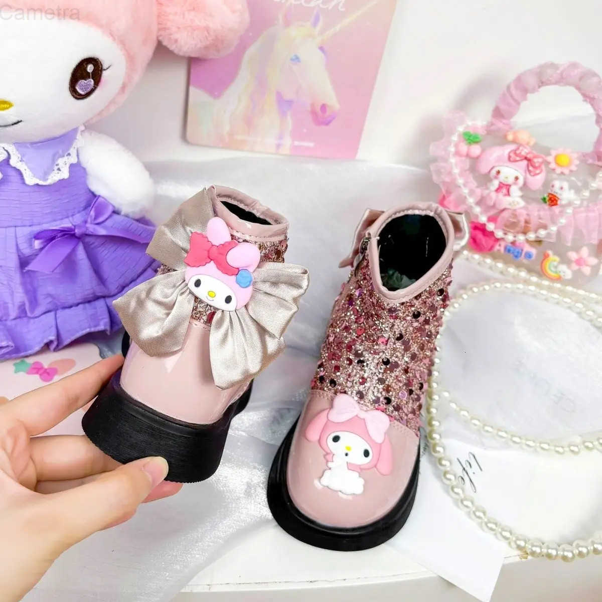Sanrio Kuromi My Melody Childrens Short Boots Girl Princess Leather Shoes Sequin Baby Autumn Soft Sole Non Slip Casual Shoes H251110