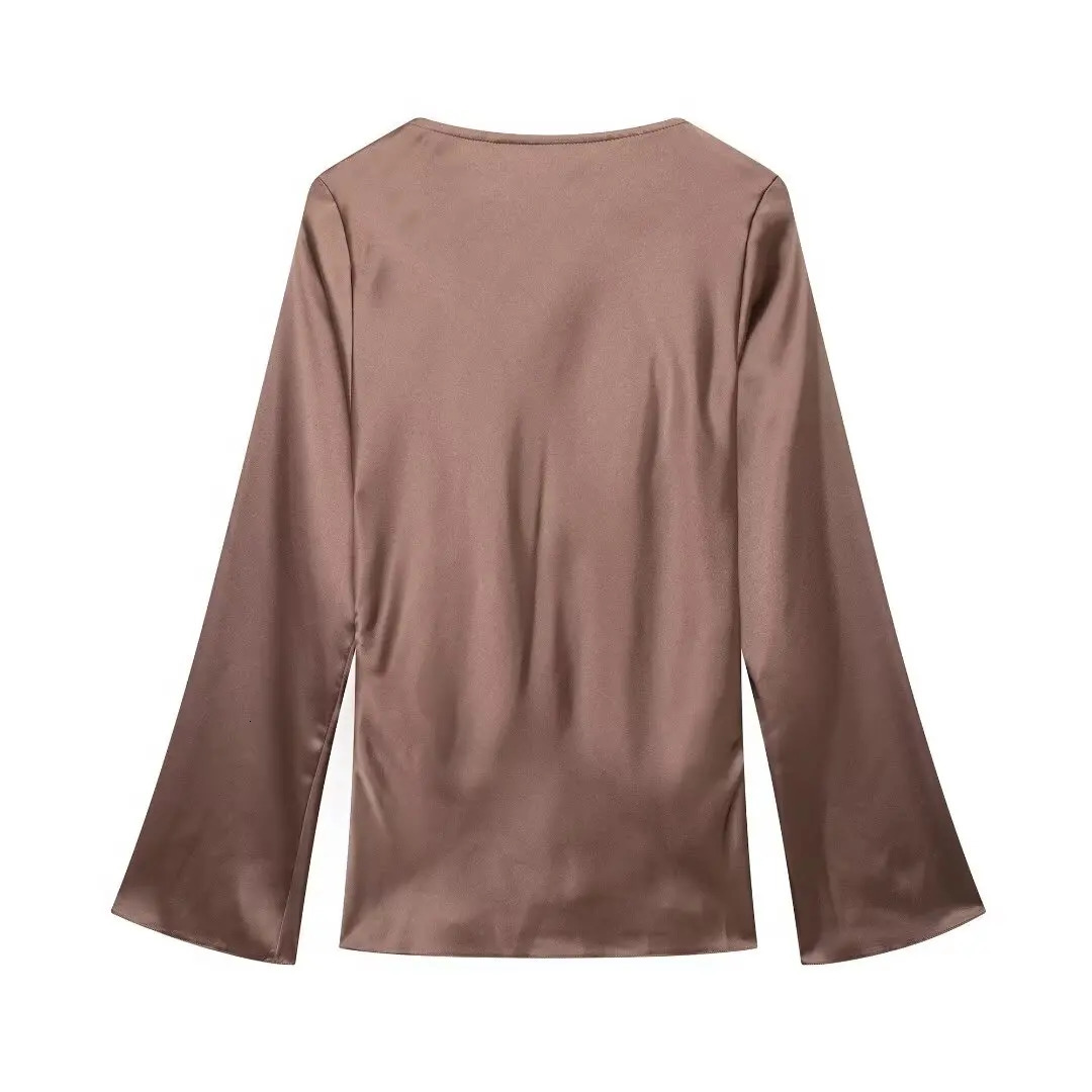 Autumn womens clothing European and American fashion bow decoration silk satin texture shirt street style top 250409