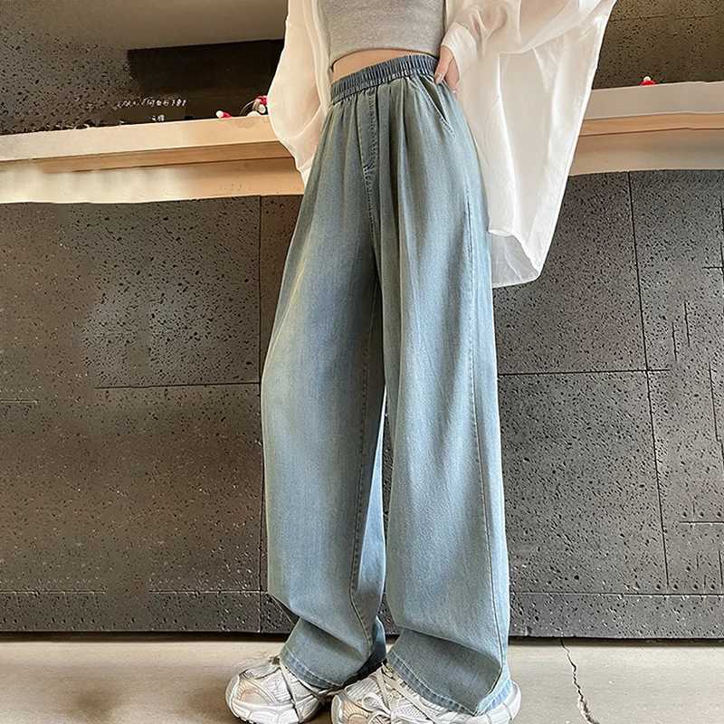 Women Elastic Waist Wide Leg Denim Pants Autumn Winter Harajuku Streetwear Straight Jeans Female Simple Loose Versatile Trousers C251110