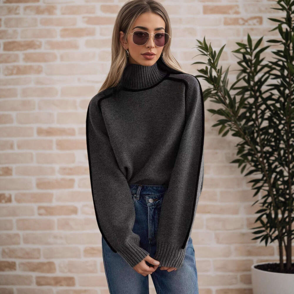 Cross-Border Foreign Trade Women's Fashion Half Turtleneck Raglan Sleeve Top Elegant Line Threaded Base Knitted Sweater for Women