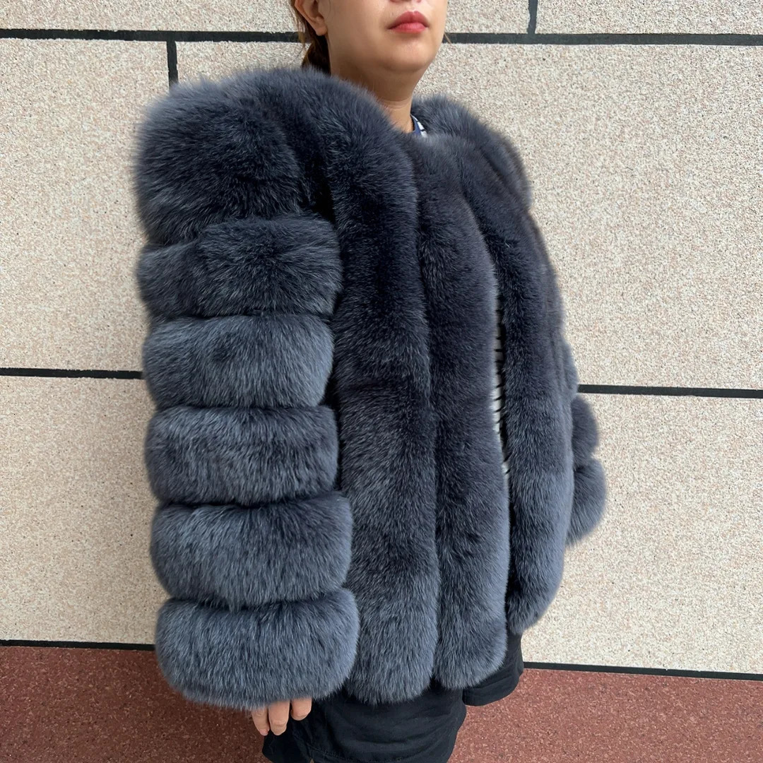 Real fox fur coat womens autumn and winter vertical bar natural jacket fashion silver free postage 251110