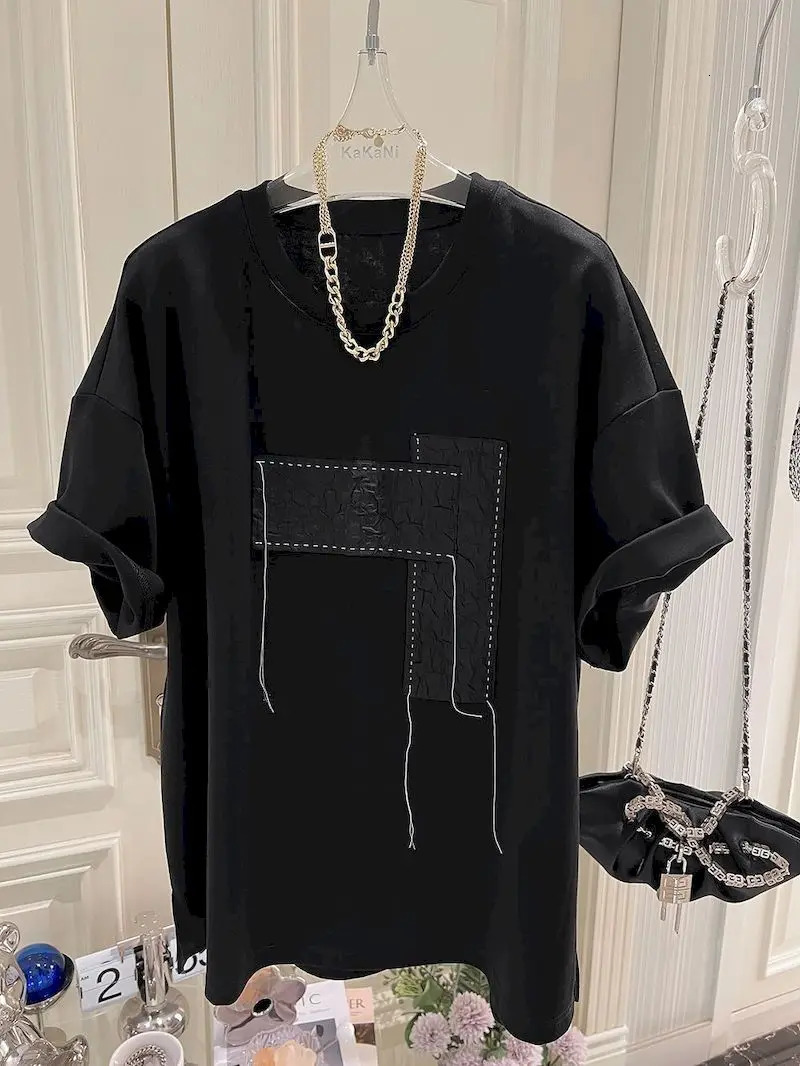 Oversized mens patchwork and decal open front short sleeved T-shirt casual loose fashionable top-notch summer trend T-shirt 250410