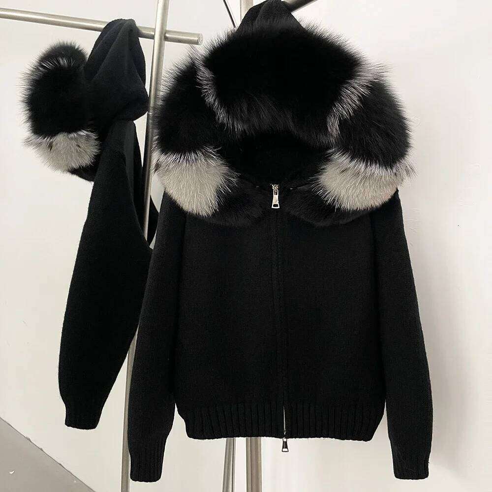 Reality Cardigan Natural Fox Coat Women Real Mongolian Fur Knitwear Female Spring Autumn Hooded Knitted Jacket