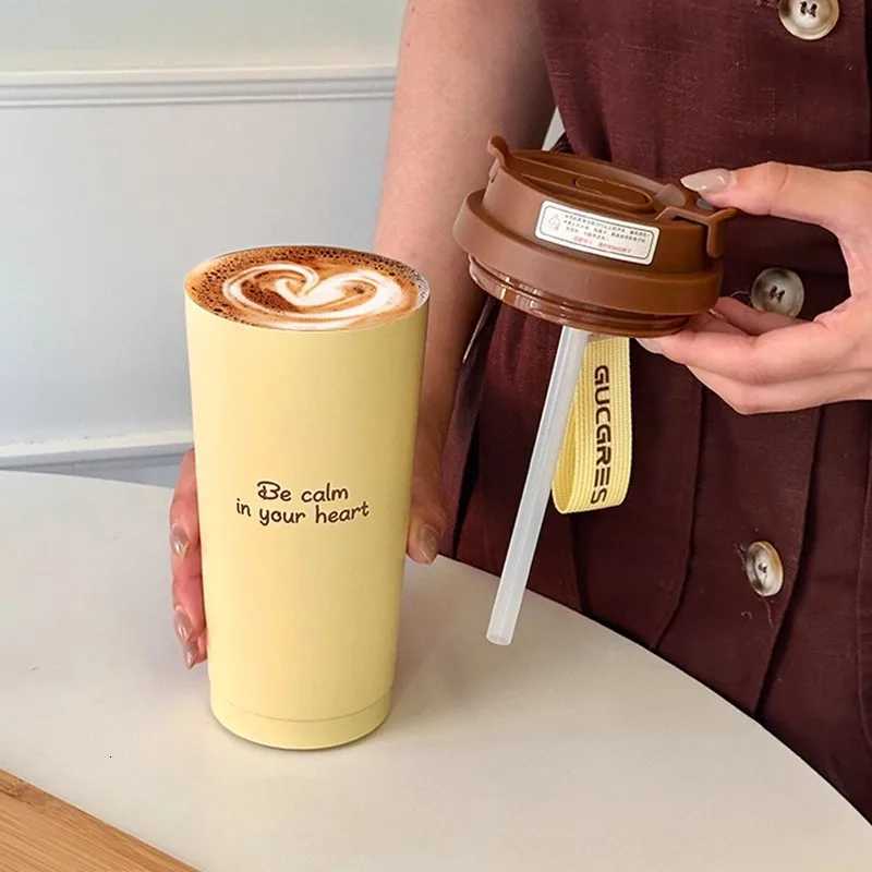 Fashionable cup Luxury Thermal Coffee Cups Ceramic Portable Water Bottle With Straw Stainless Steel Tea Thermos Bottle Wen Men Gift Y251110