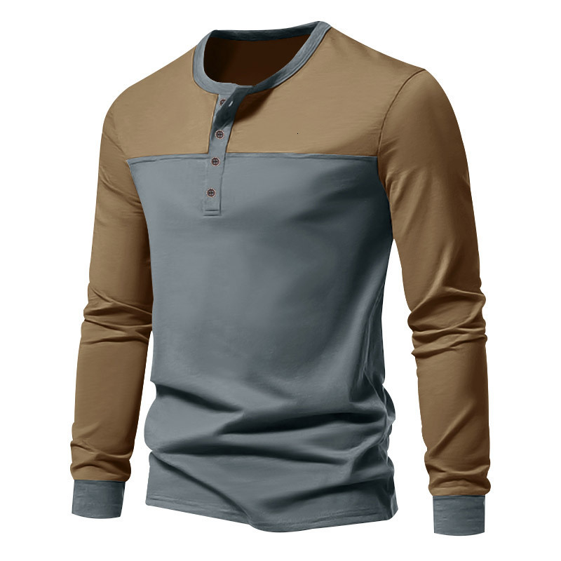 2025 autumn new American long sleeved color blocked Henry collar base shirt casual T-shirt for men