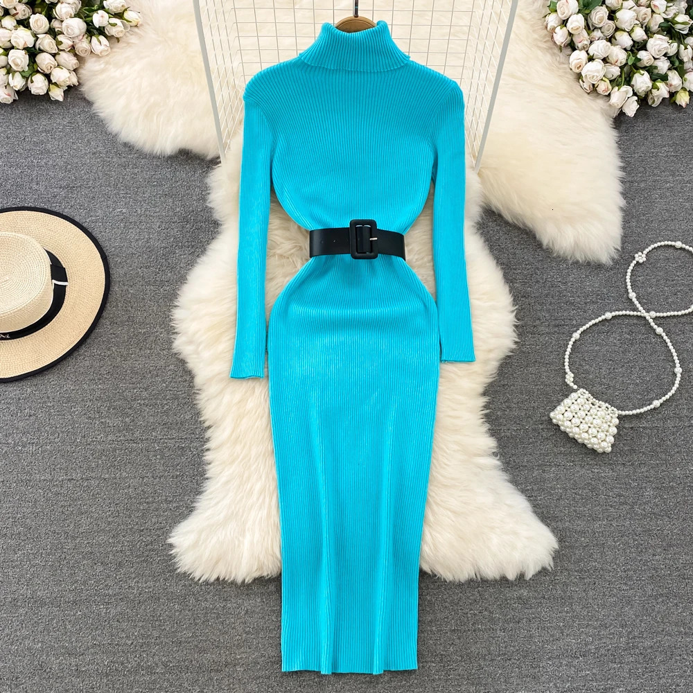 REALEFT Autumn Winter Turtleneck Womens Knitted Dresses with Belted Long Sleeve Elegant Bodycon Wrap Dress Female 251110