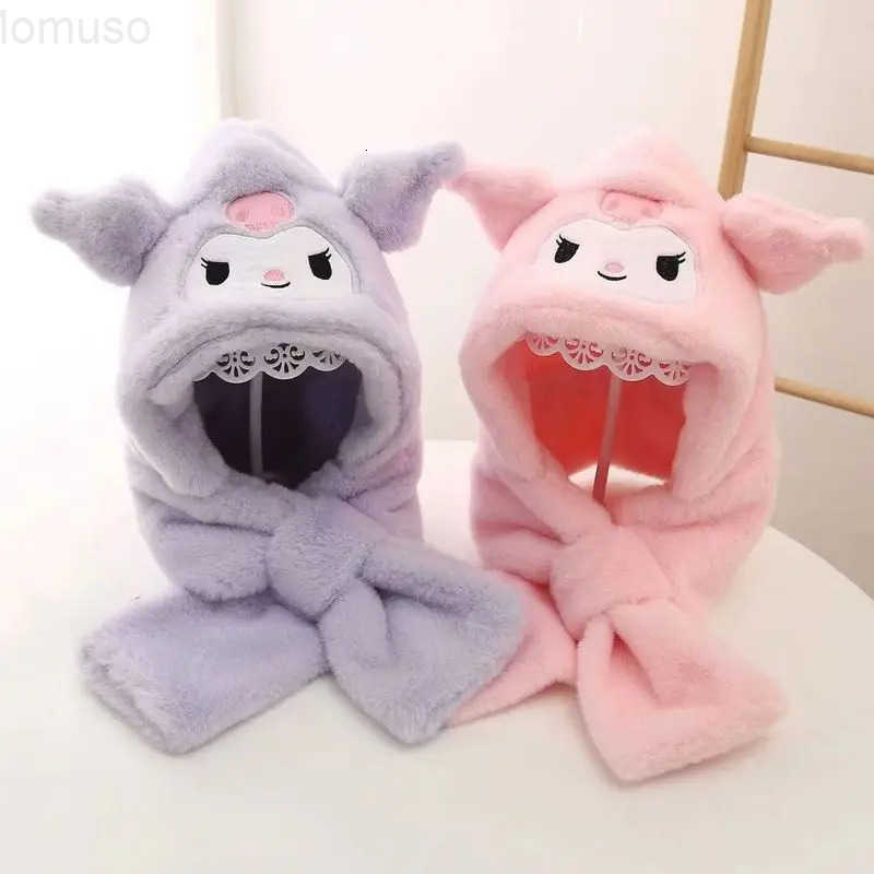 Sanrio ChildrenS Hat Scarf Integrated Winter Warm Cute Kuromi Anime Plush Cartoon Ear Protection Hat Gloves New Model H251110