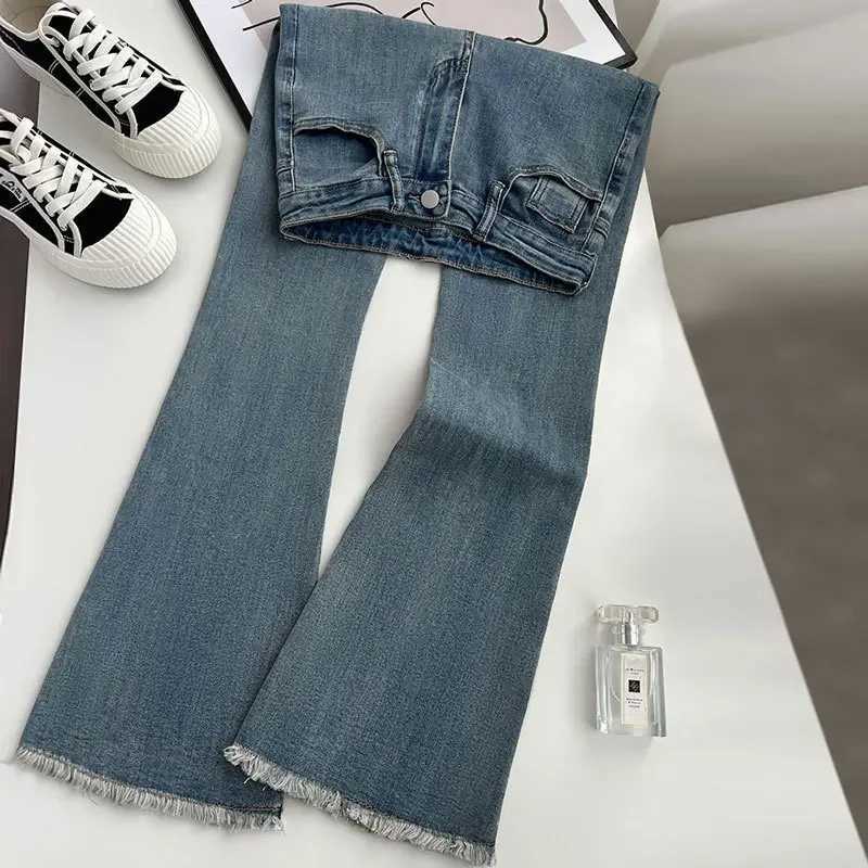 American Retro Micro-flared Jeans Womens Autumn and Winter Fashion Slim-fit High-waisted Stretch Long PantsFloor-length Jeans C251110