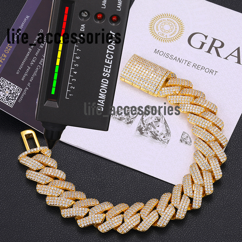 Fine Jewelry Hip Hop Men 20mm 925 Gold Plated Sterling Silver 3 Rows VVS Moissanite Diamond Cuban Link Bracelet