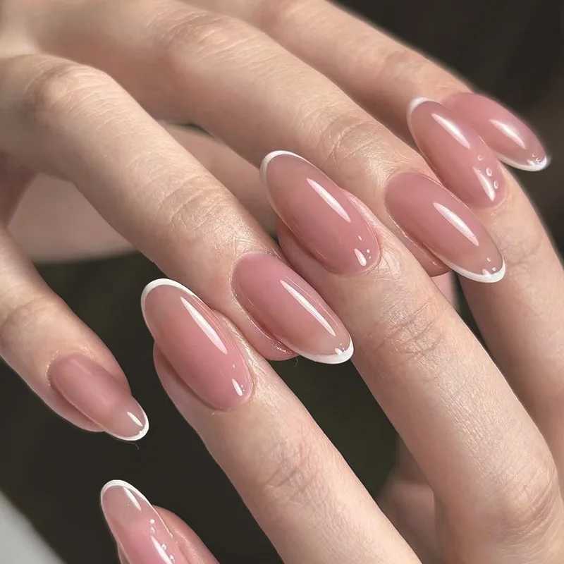 24 pieces of French simple fake nails Ins white edge nude fake nails tip almond stick nail patch W250410