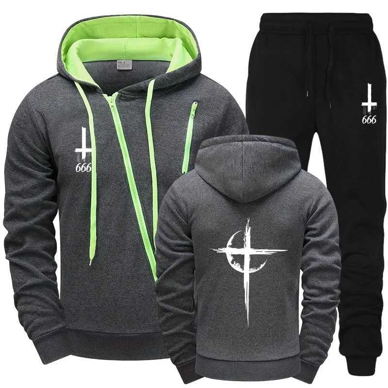 2025 Satan Cross Style Mens Tracksuit Diagonal Zipper Hoodie and Sweatpants Motorcycle Riding Outfit Urban Sweatshirt Streetwear W251110