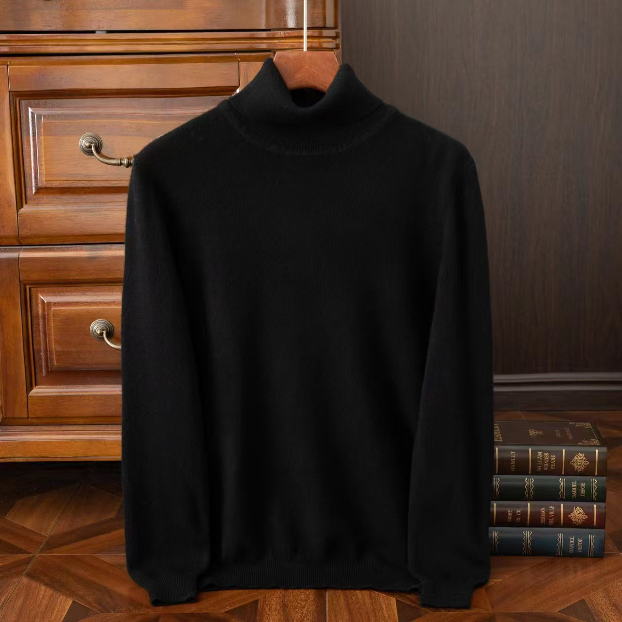 Spring and Autumn men's 100% pure wool sweater knitted sweater pullover round neck high neck solid color versatile solid color sweater