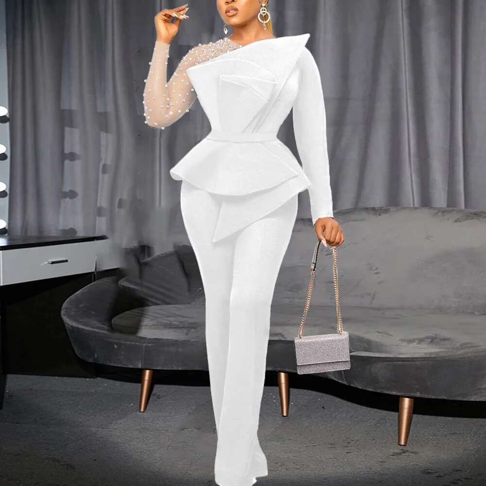 Jumpsuits & Rompers For Women Round Neck Beaded Transparent Sleeve High Waisted Elegant Female Birthday Party Overalls