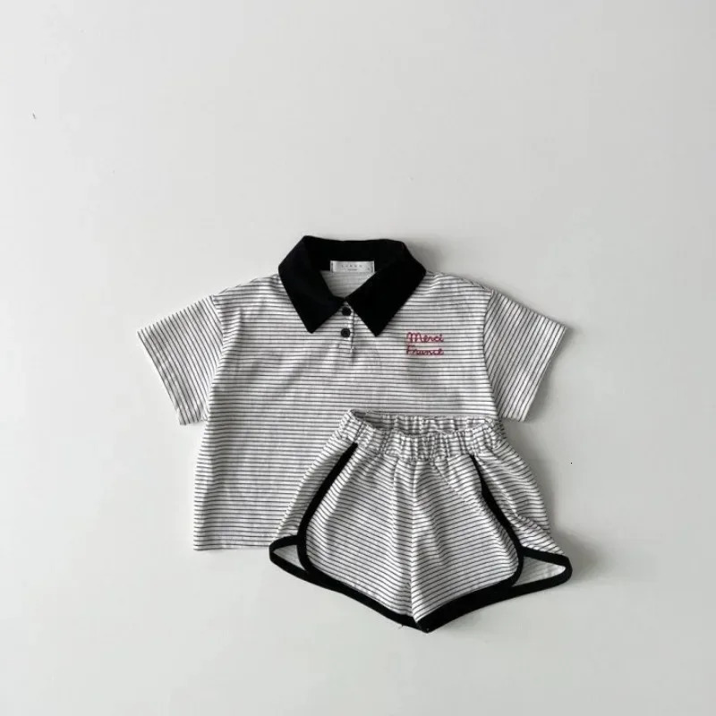 Summer Korean Style Baby Boys 2PCS Striped Clothing Cotton ShirtShorts Childrens Girls Casual Loose Polo Shirt Set 250409