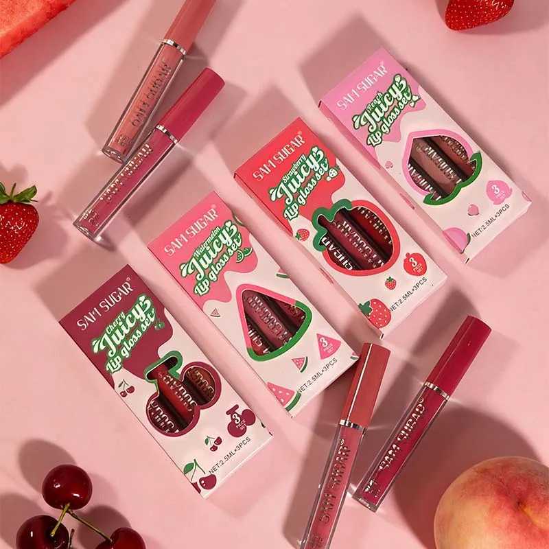 Fruit Cherry Strawberry Liquid Lipstick Makeup Kit Non Stick Cup Colorfast Long Lasting Velvet Matte Peach Lip Gloss Set 3pc/setT251110