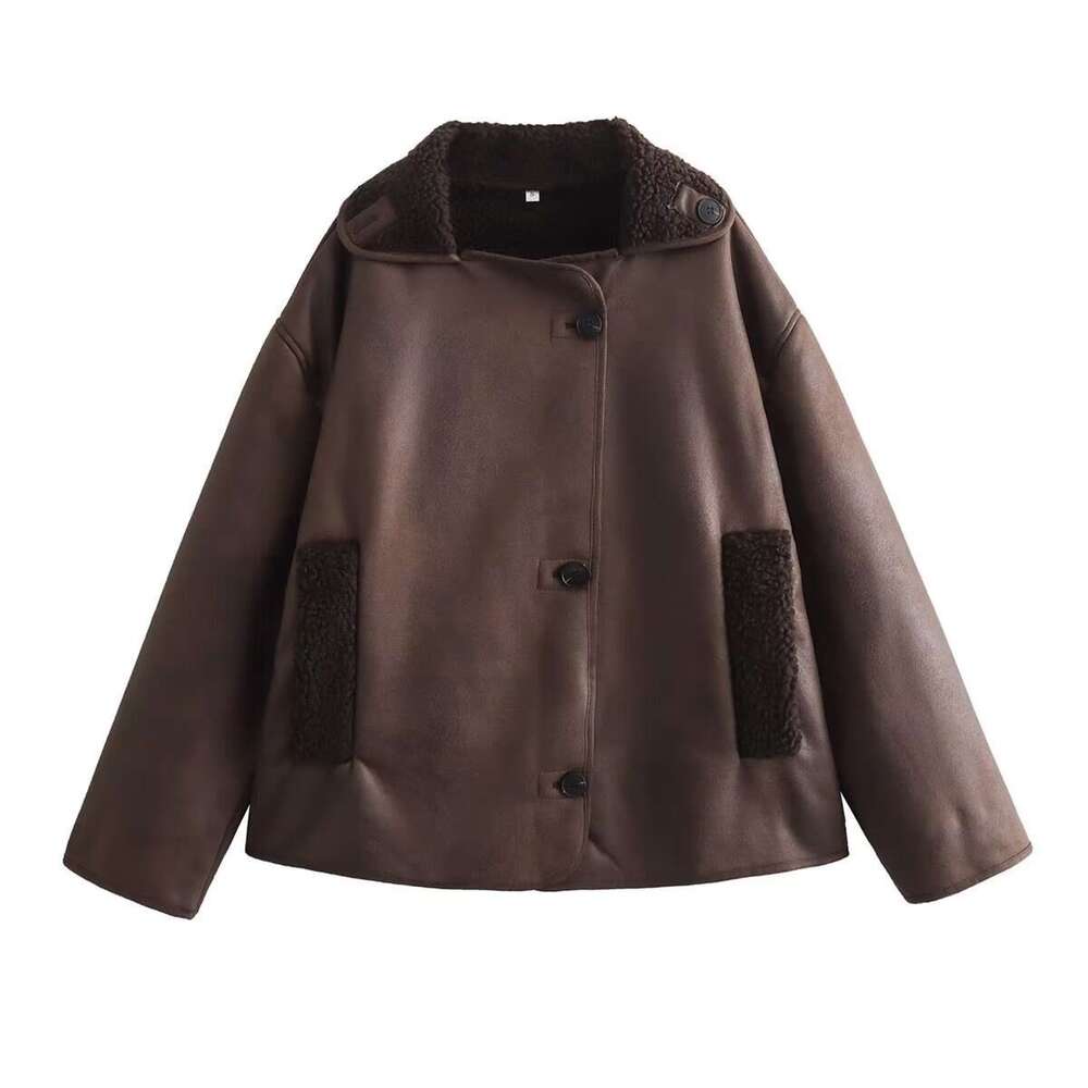Foreign Trade Women's Clothing Wholesale Spring Autumn New Casual Leather and Fur Integrated Turn-down Collar Reversible Jacket Coat