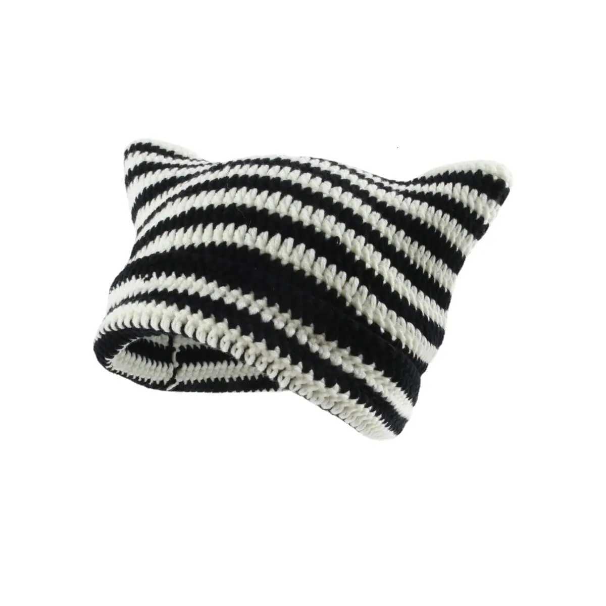 Cute Cat Ears Beanie Hats for Women Winter Striped Korean Punk Gothic Y2K Wool Knitted Streetwear Handmade Crochet Bucket CapXJ251110
