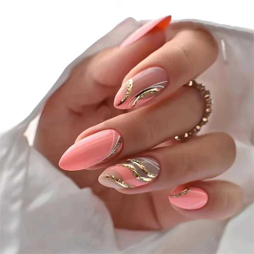 24 pieces/set of black French style fake nails with detachable almond shaped corner braces and perforated fake nails W250410