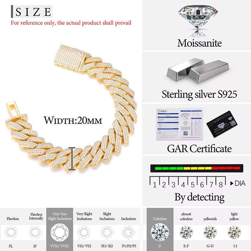 Fine Jewelry Hip Hop Men 20mm 925 Gold Plated Sterling Silver 3 Rows VVS Moissanite Diamond Cuban Link Bracelet
