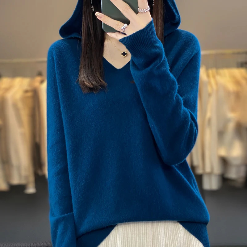 100 Merino Pure Wool V-neck Hoodie Autumn/Winter Hoodie Cashmere Sweater Womens Casual Knitted Top DMR207 251106