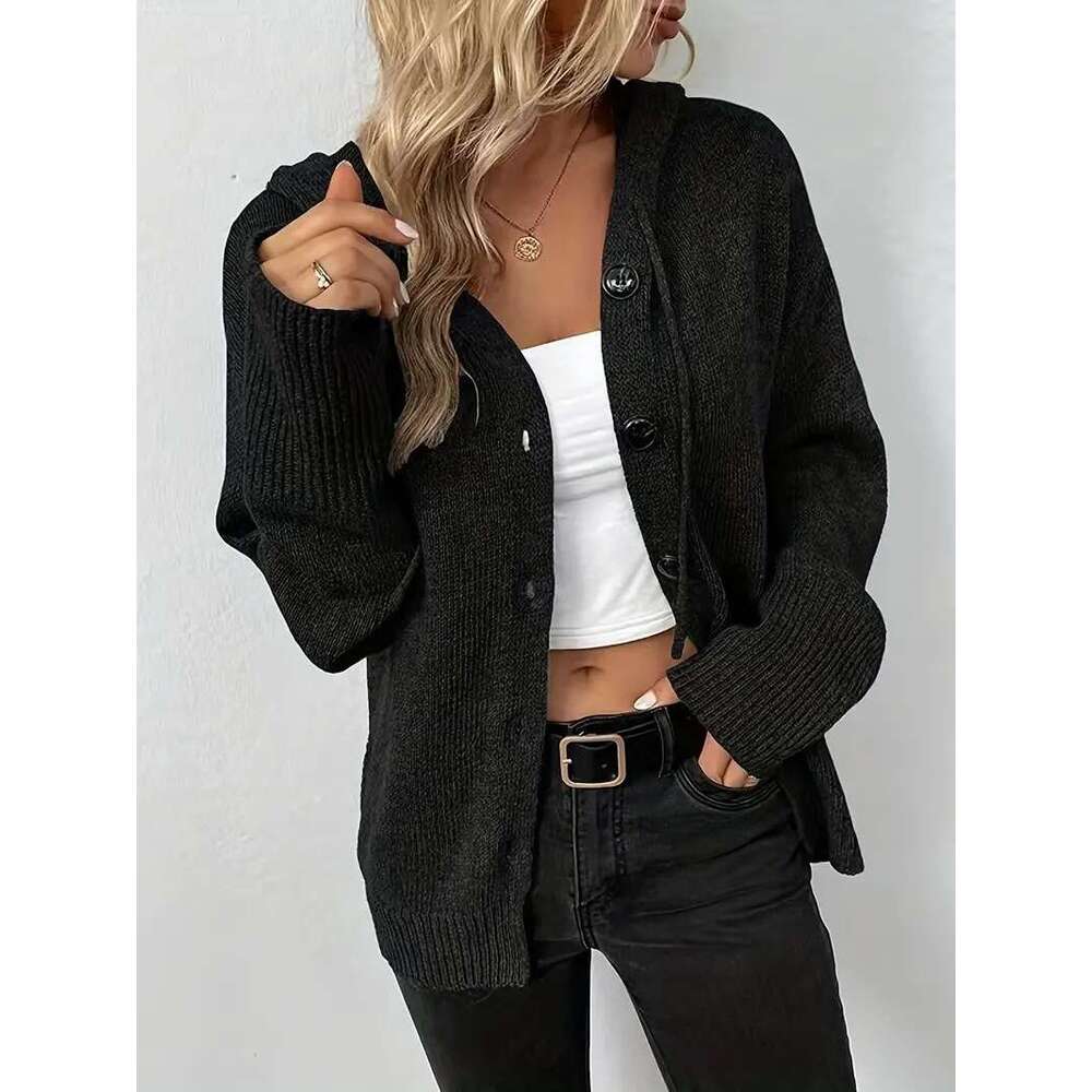 Solid Color Hooded Single-Breasted Cross-Border Sweater 2025 Autumn Winter New Drawstring Knitted Cardigan Coat for Women