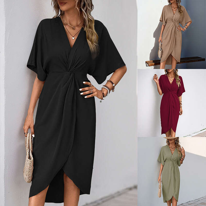 European and American hot selg dating simple style raglan sleeves solid color irregular dress 2025 new casual fashion trend clothing