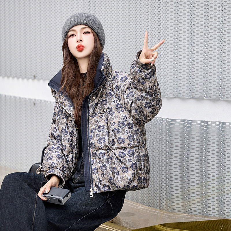 Women's down jacket winter new item women's 90 white duck down jacquard stand up collar fashionable warm designer jacket